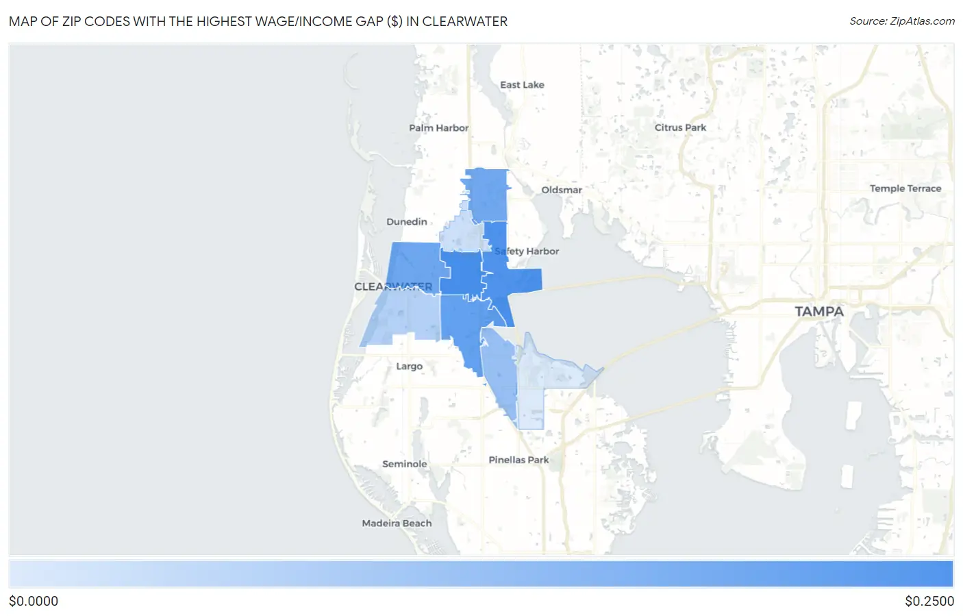 Zip Codes with the Highest Wage/Income Gap ($) in Clearwater Map