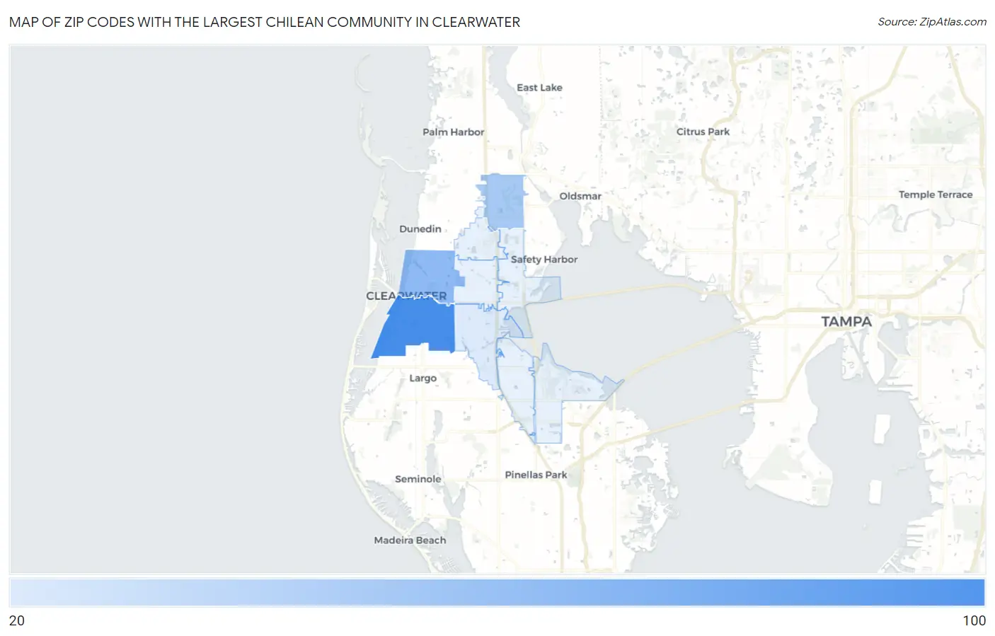 Zip Codes with the Largest Chilean Community in Clearwater Map