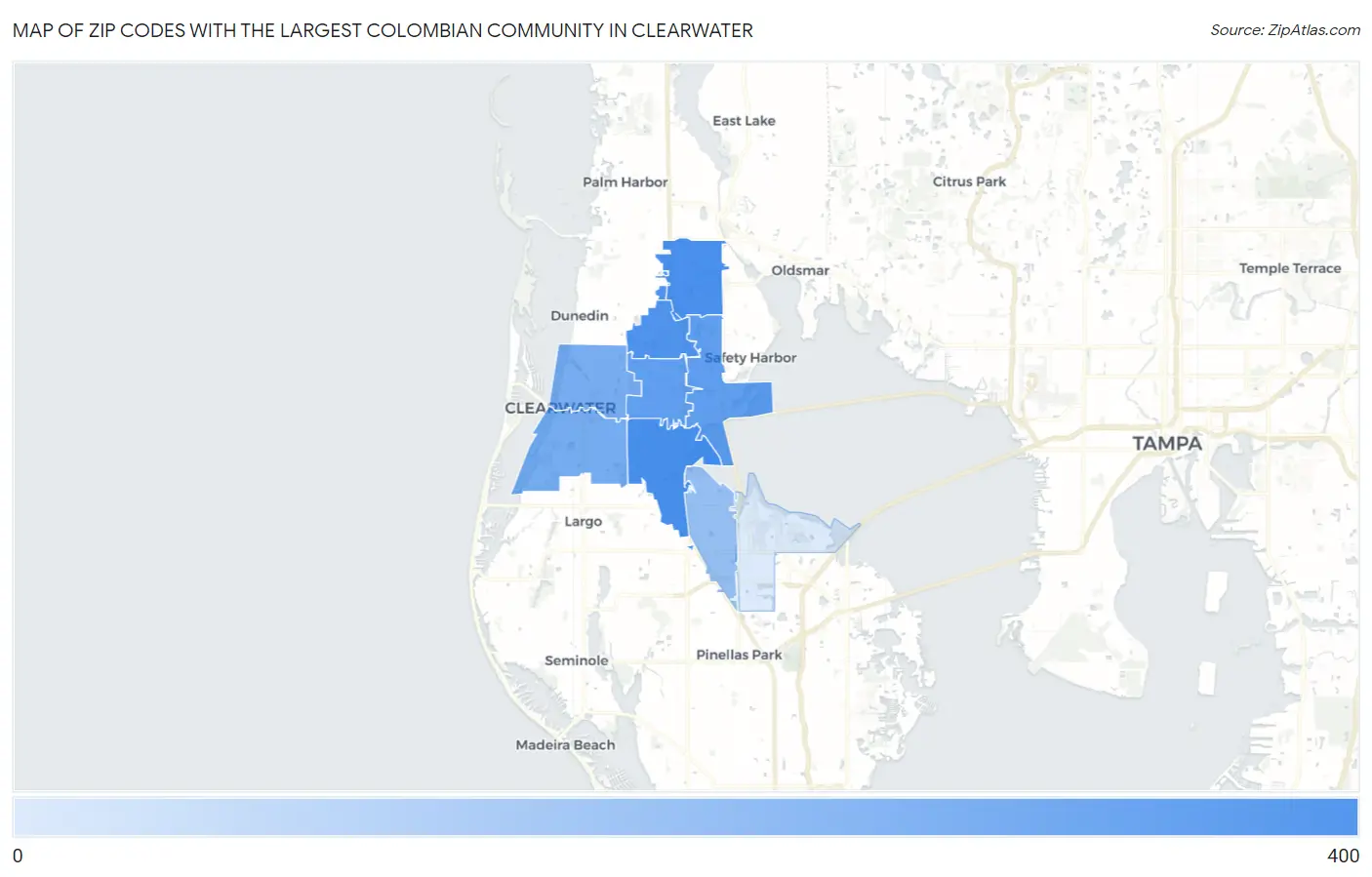 Zip Codes with the Largest Colombian Community in Clearwater Map