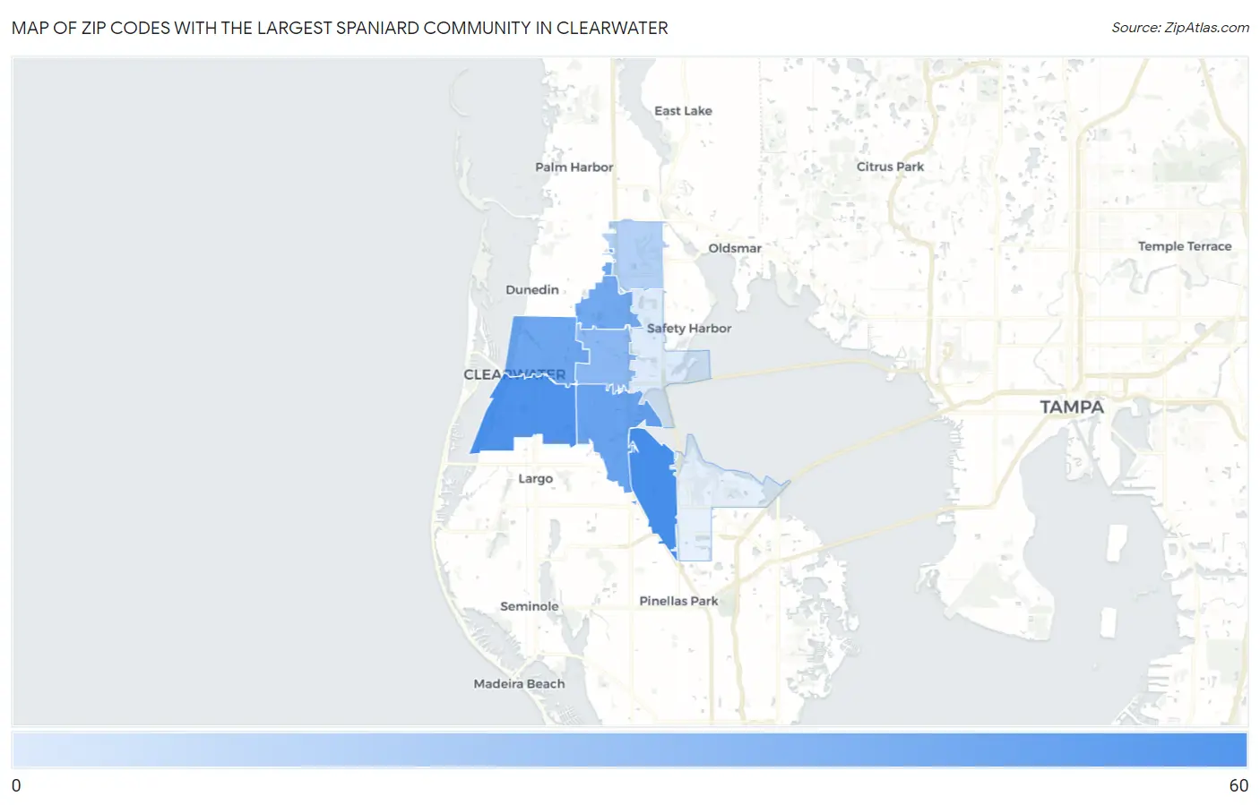 Zip Codes with the Largest Spaniard Community in Clearwater Map