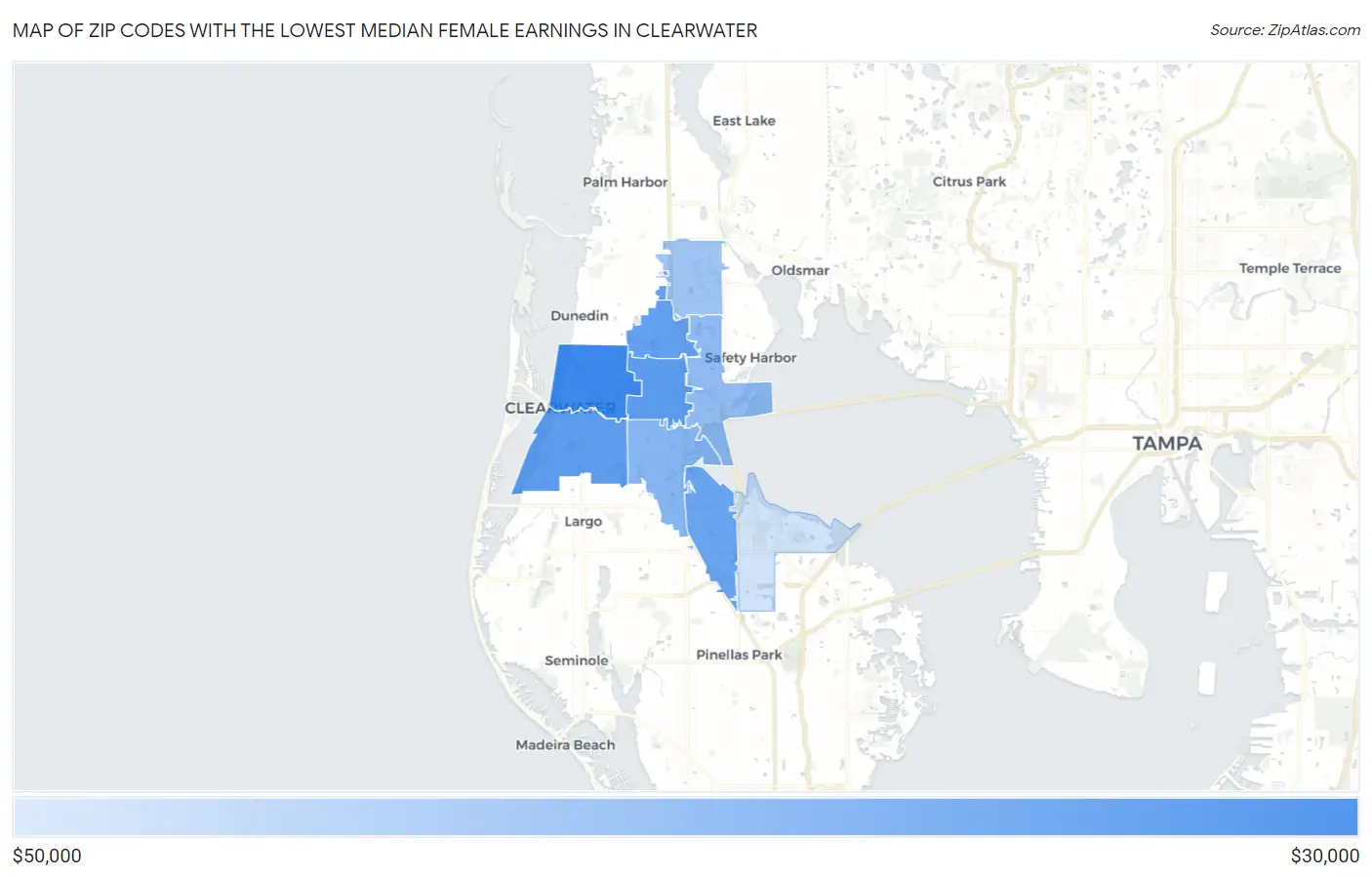 Zip Codes with the Lowest Median Female Earnings in Clearwater Map