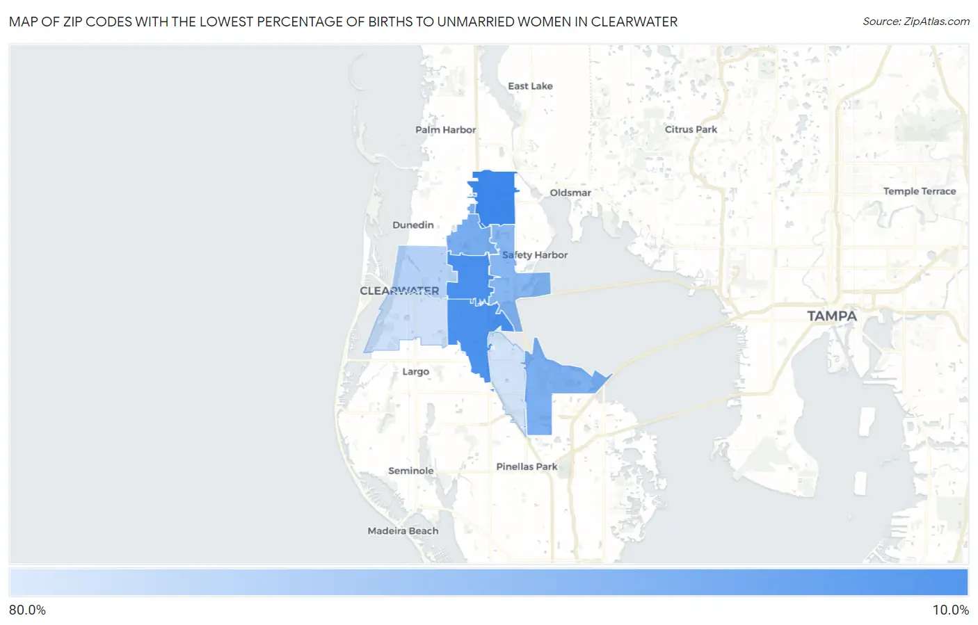 Zip Codes with the Lowest Percentage of Births to Unmarried Women in Clearwater Map