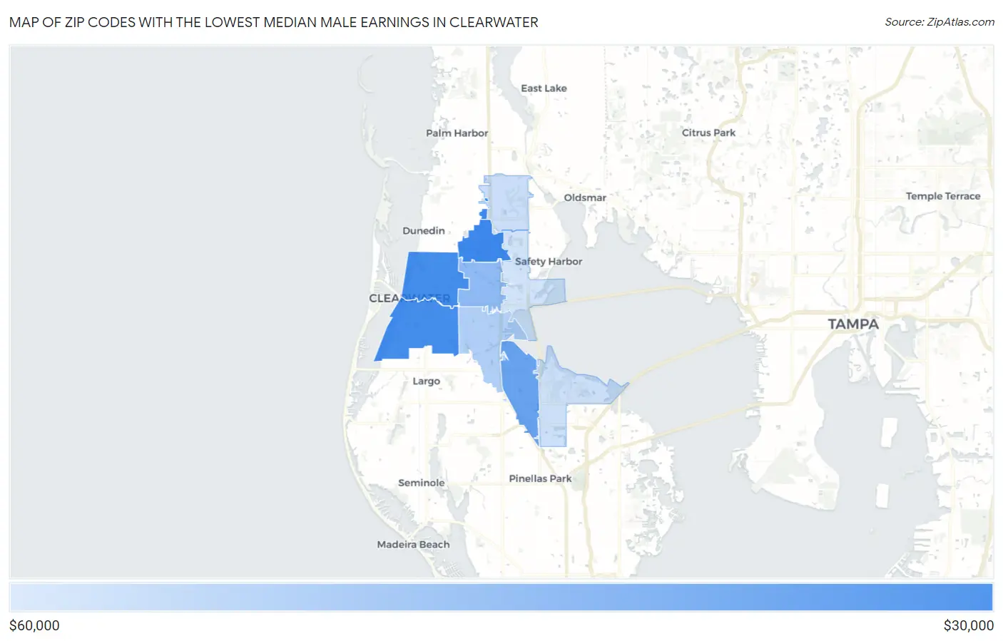 Zip Codes with the Lowest Median Male Earnings in Clearwater Map