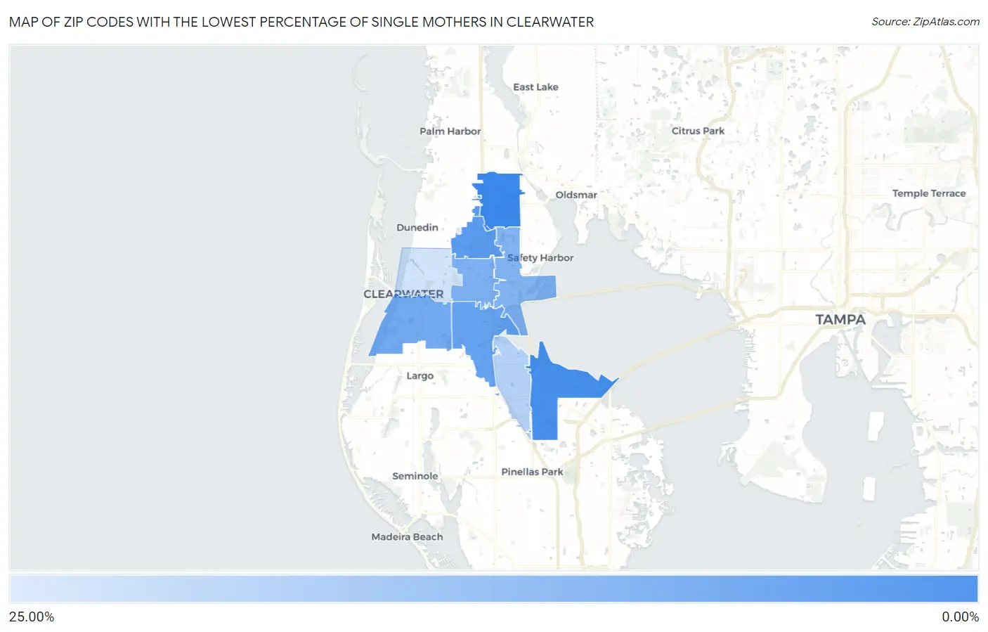 Zip Codes with the Lowest Percentage of Single Mothers in Clearwater Map