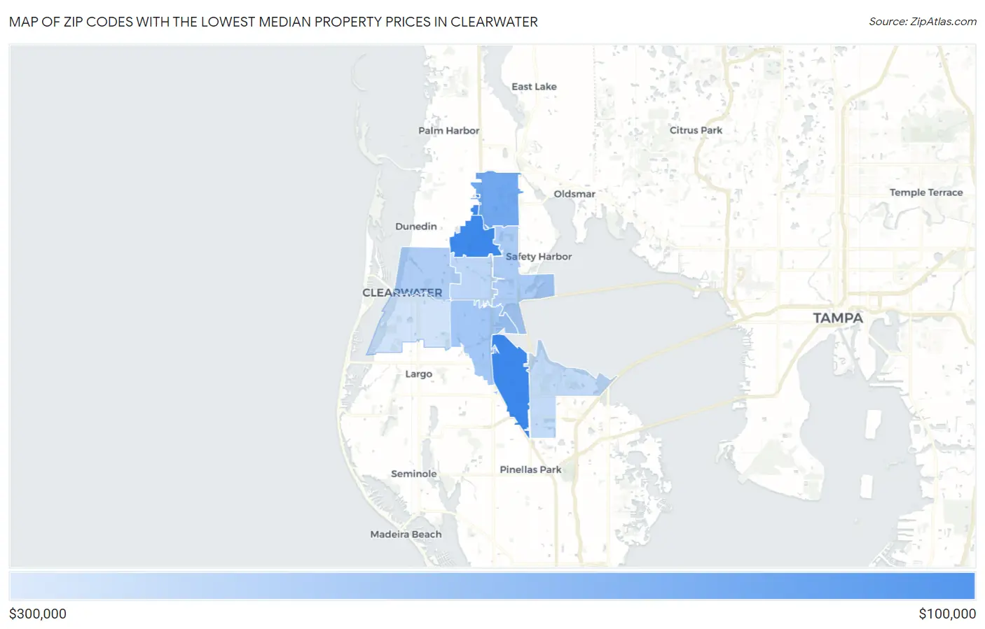 Zip Codes with the Lowest Median Property Prices in Clearwater Map