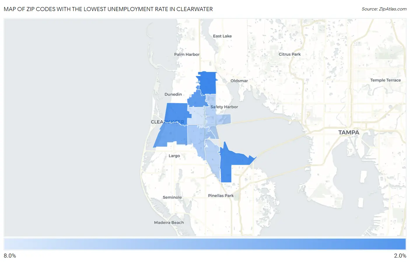 Zip Codes with the Lowest Unemployment Rate in Clearwater Map