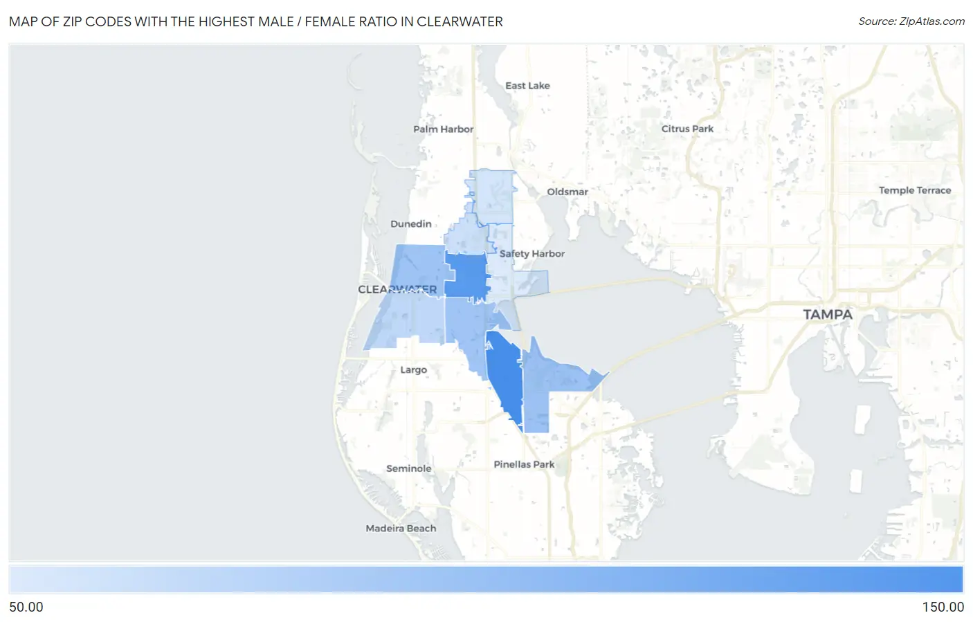 Zip Codes with the Highest Male / Female Ratio in Clearwater Map