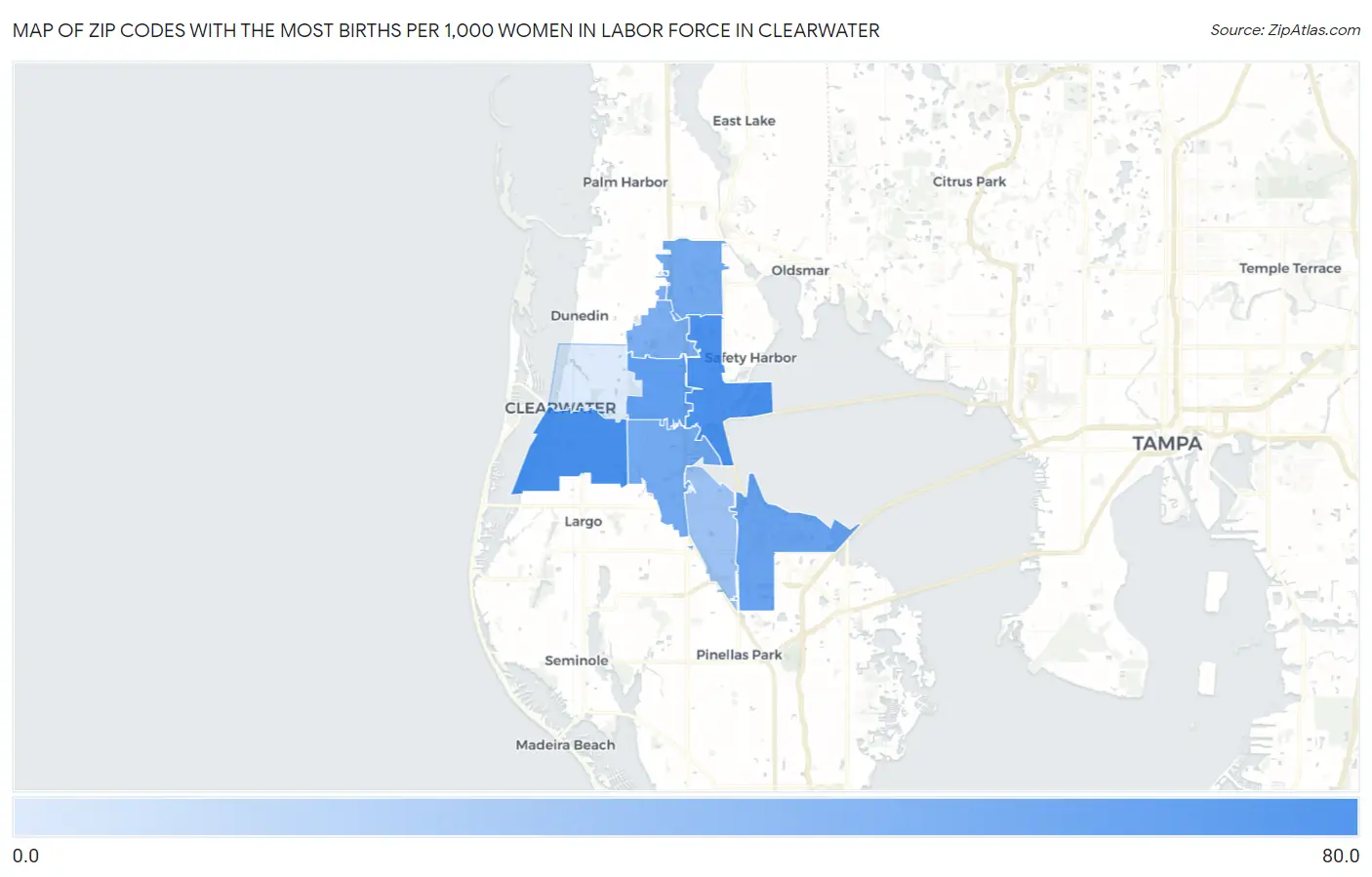 Zip Codes with the Most Births per 1,000 Women in Labor Force in Clearwater Map