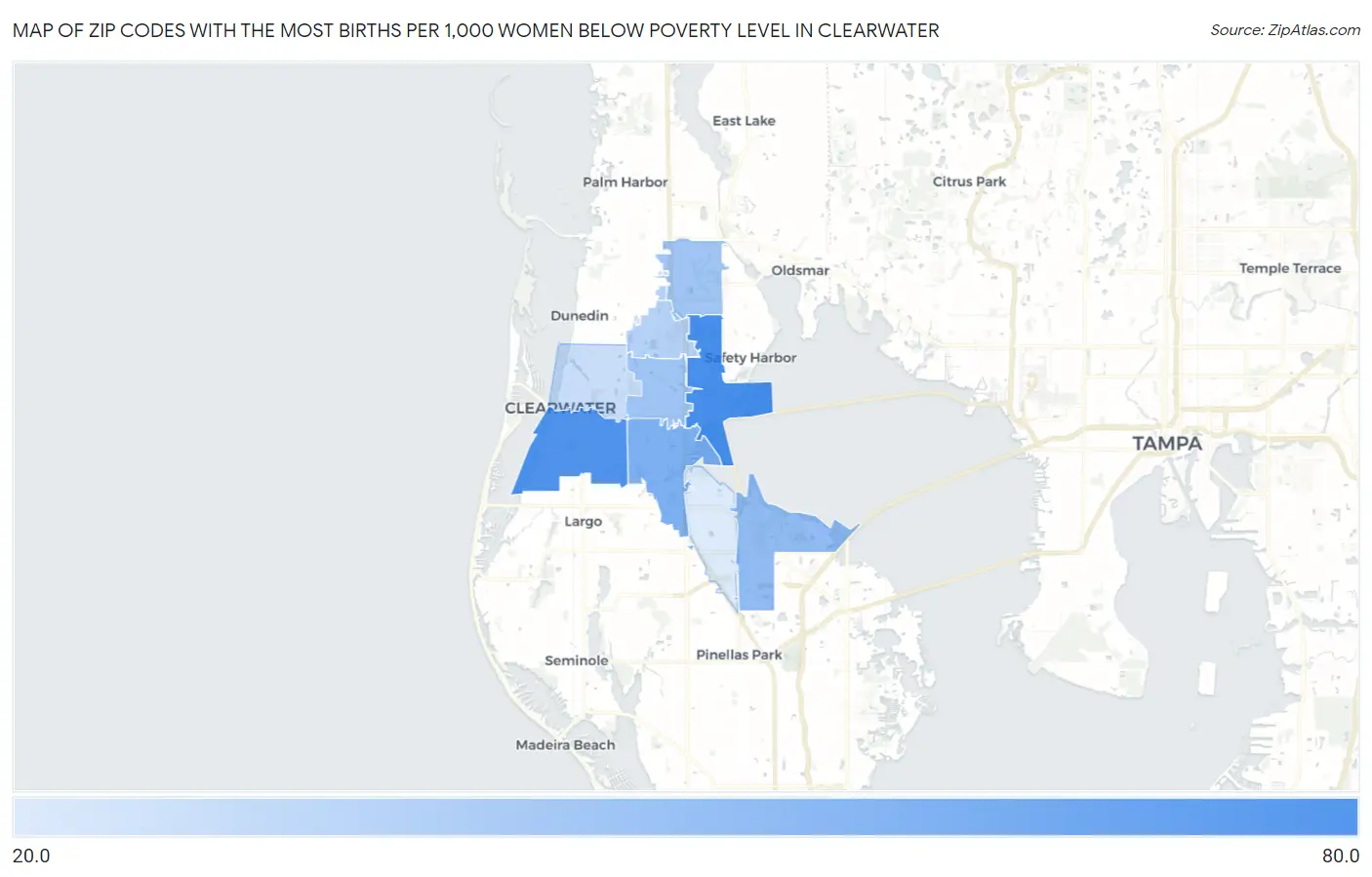 Zip Codes with the Most Births per 1,000 Women Below Poverty Level in Clearwater Map