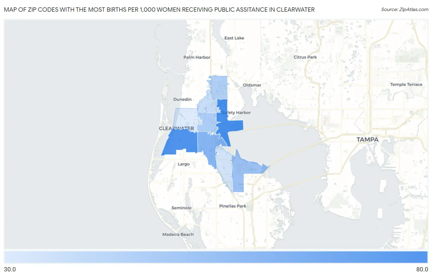 Zip Codes with the Most Births per 1,000 Women Receiving Public Assitance in Clearwater Map