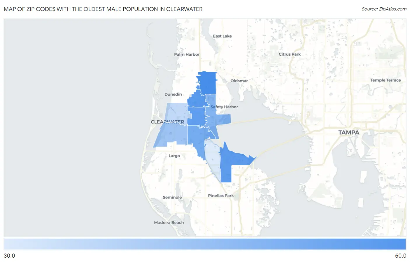 Zip Codes with the Oldest Male Population in Clearwater Map