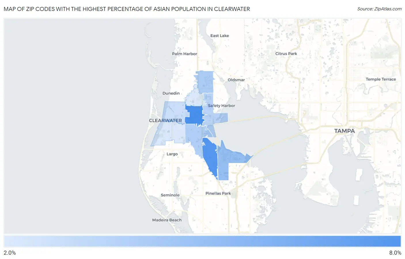 Zip Codes with the Highest Percentage of Asian Population in Clearwater Map
