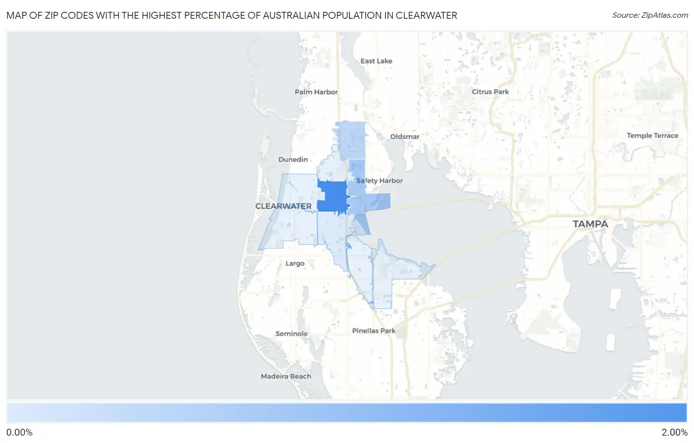 Zip Codes with the Highest Percentage of Australian Population in Clearwater Map