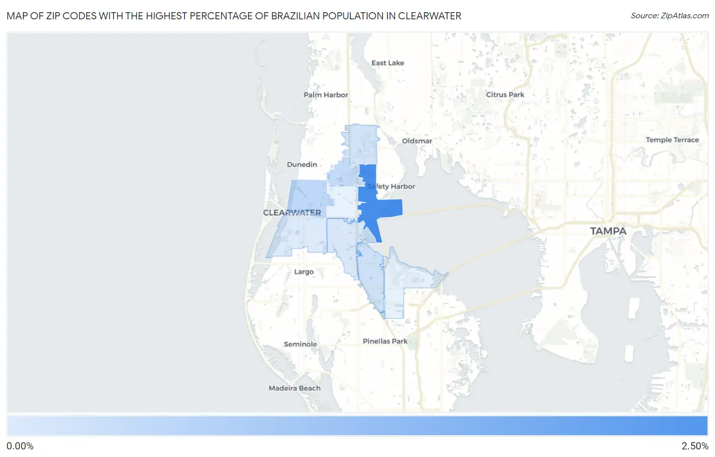 Zip Codes with the Highest Percentage of Brazilian Population in Clearwater Map