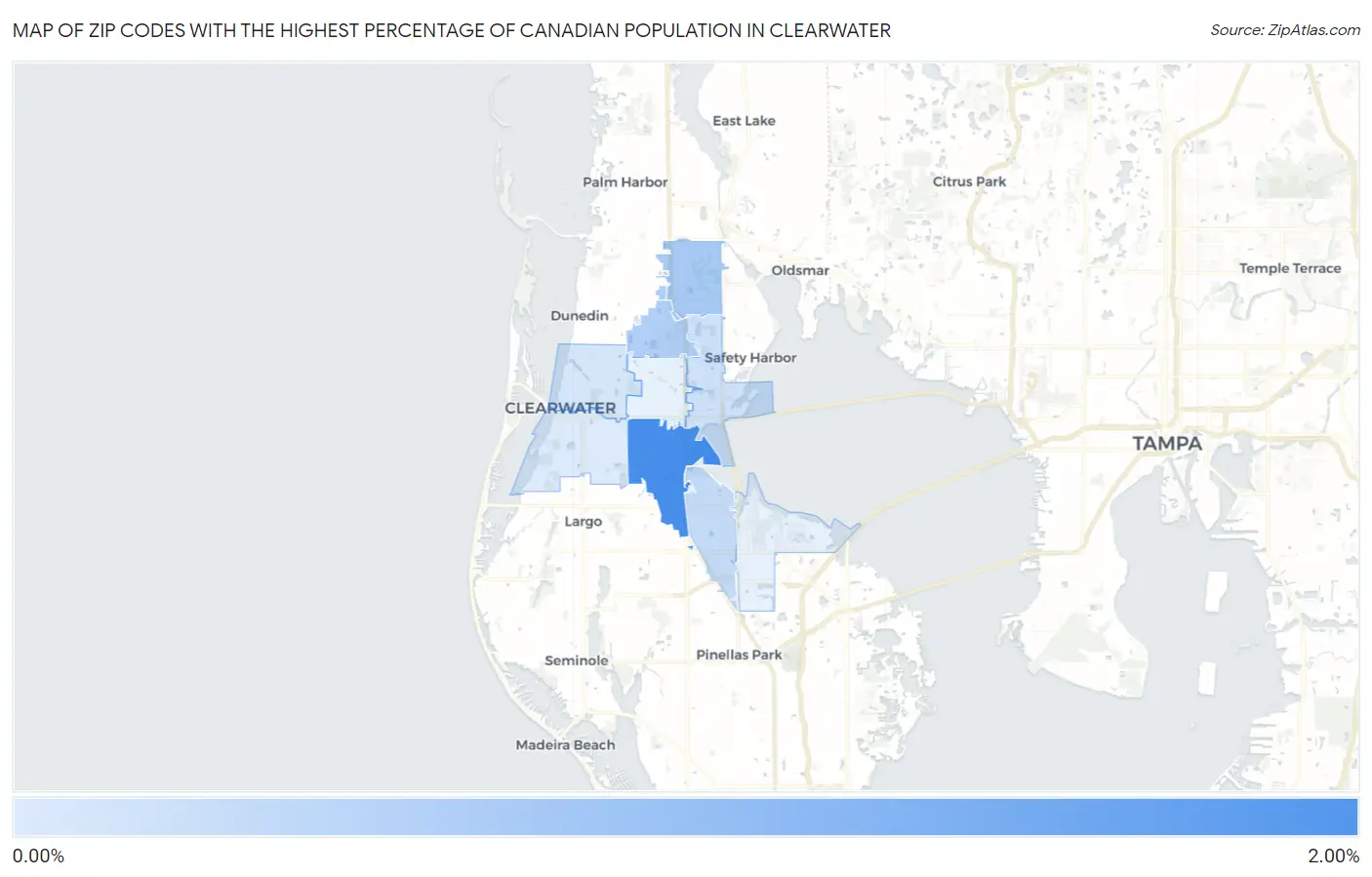 Zip Codes with the Highest Percentage of Canadian Population in Clearwater Map