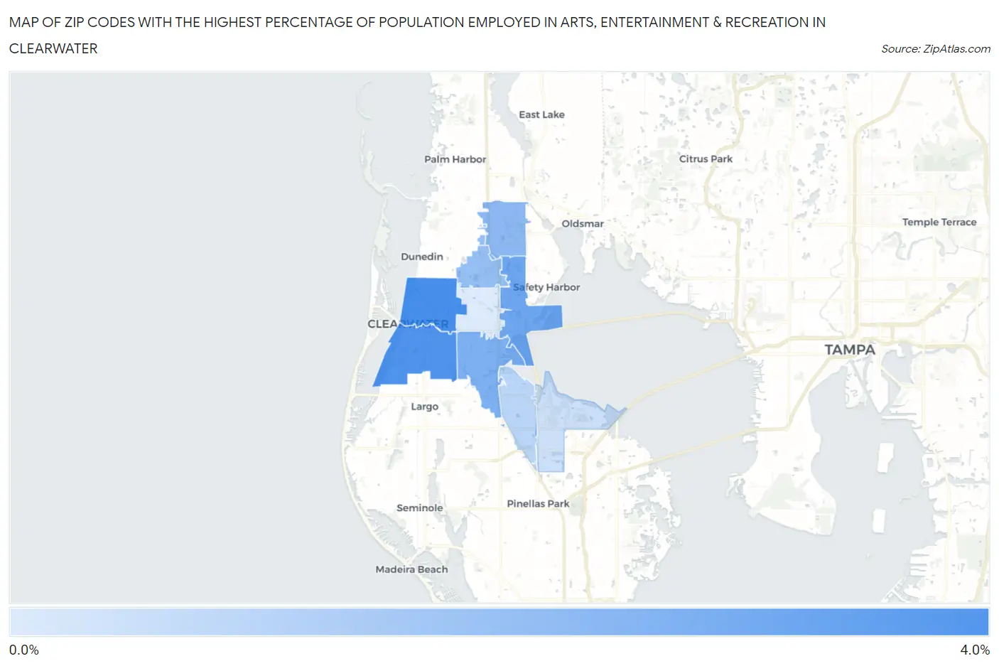 Zip Codes with the Highest Percentage of Population Employed in Arts, Entertainment & Recreation in Clearwater Map