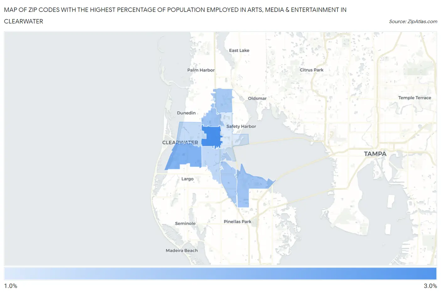 Zip Codes with the Highest Percentage of Population Employed in Arts, Media & Entertainment in Clearwater Map