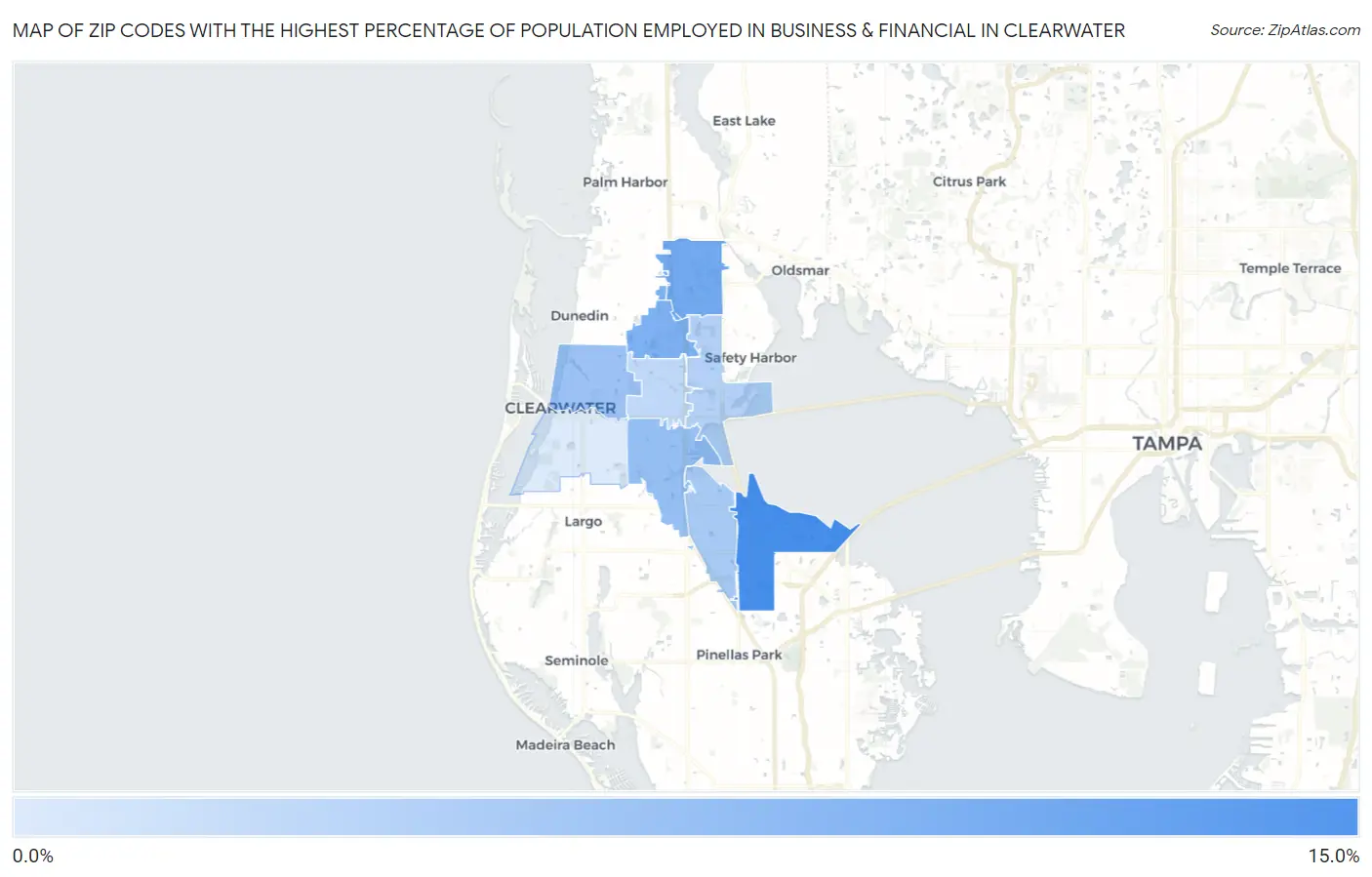 Zip Codes with the Highest Percentage of Population Employed in Business & Financial in Clearwater Map