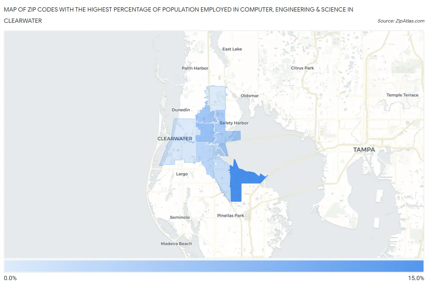 Zip Codes with the Highest Percentage of Population Employed in Computer, Engineering & Science in Clearwater Map