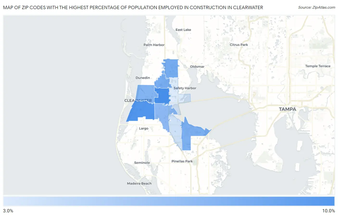 Zip Codes with the Highest Percentage of Population Employed in Construction in Clearwater Map