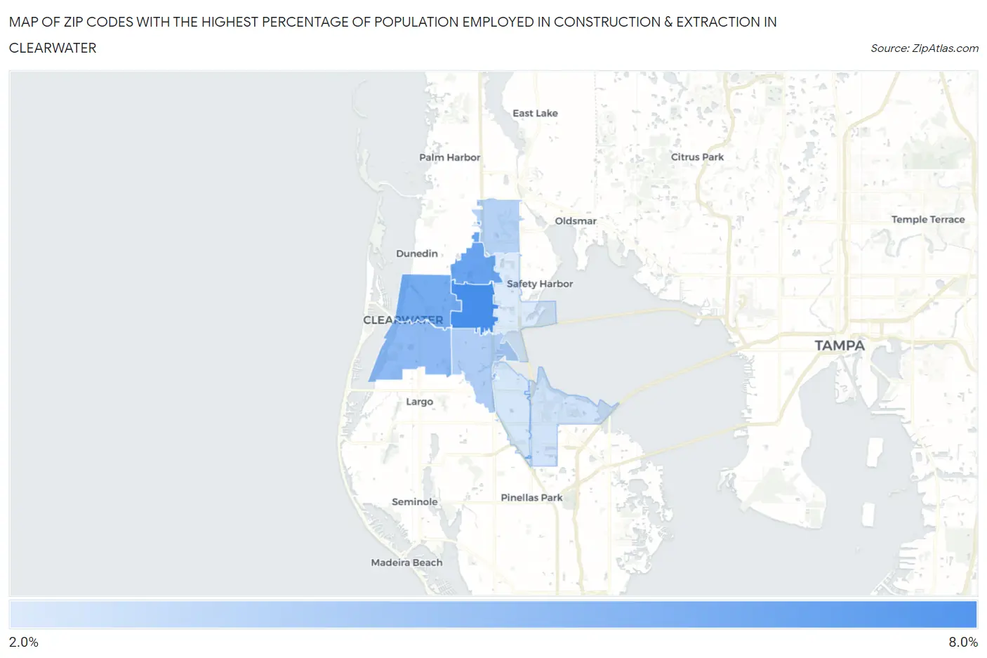 Zip Codes with the Highest Percentage of Population Employed in Construction & Extraction in Clearwater Map