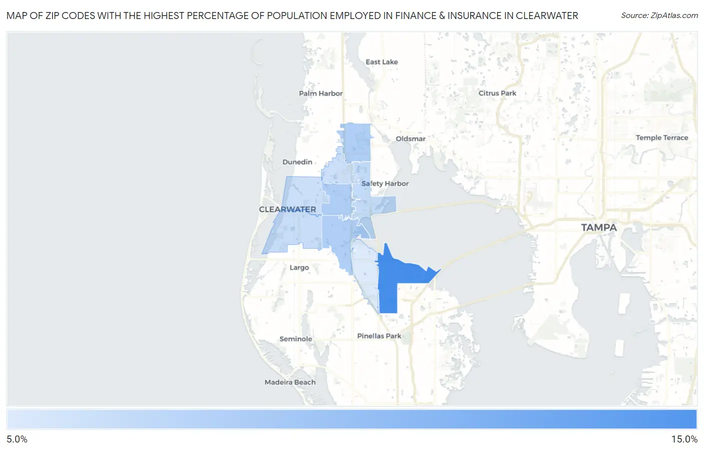 Zip Codes with the Highest Percentage of Population Employed in Finance & Insurance in Clearwater Map