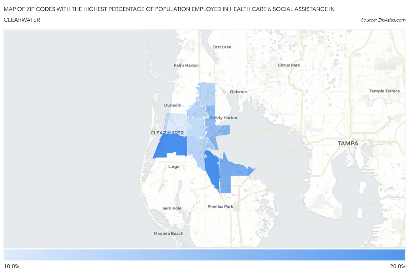 Zip Codes with the Highest Percentage of Population Employed in Health Care & Social Assistance in Clearwater Map
