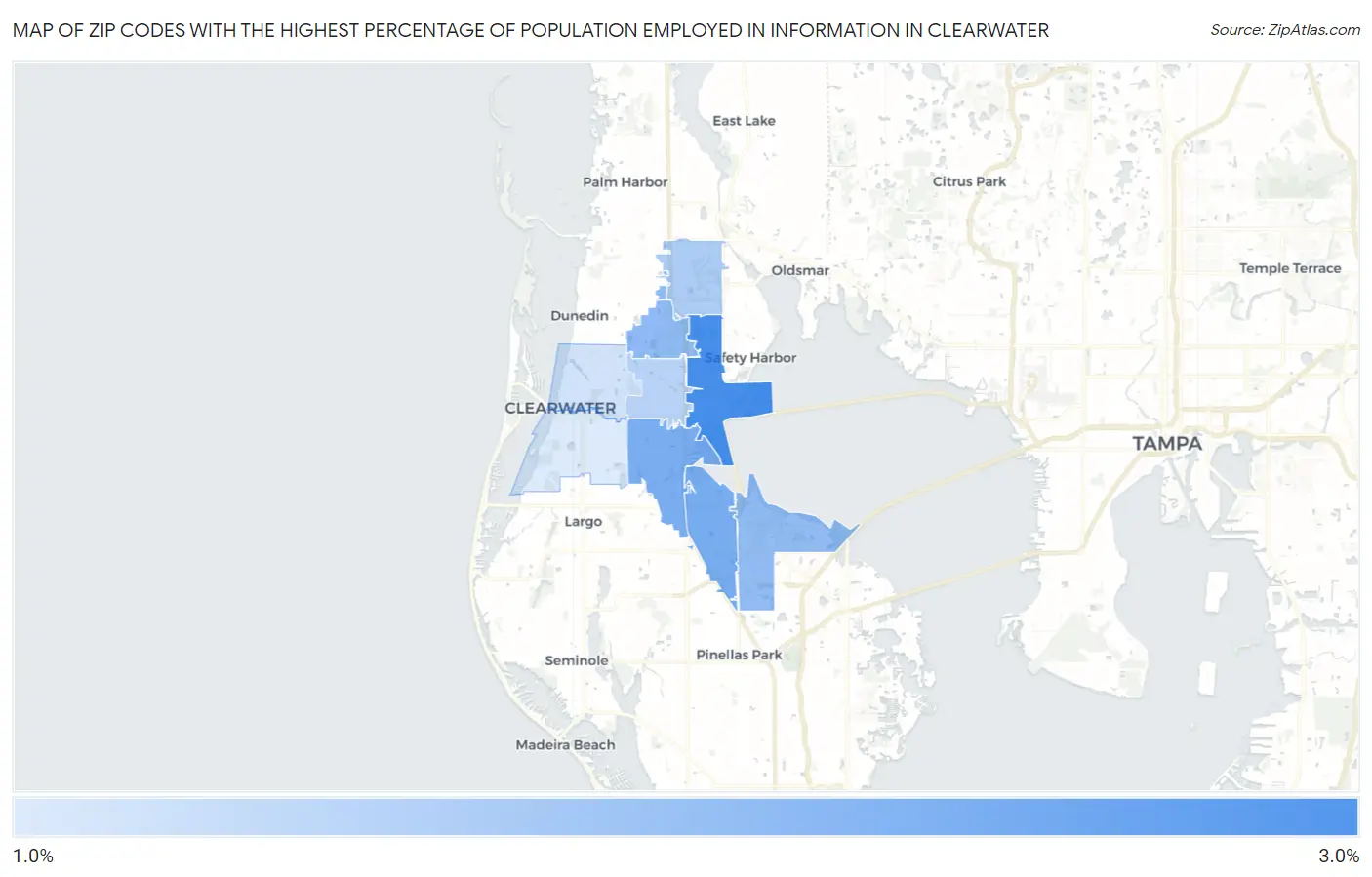 Zip Codes with the Highest Percentage of Population Employed in Information in Clearwater Map