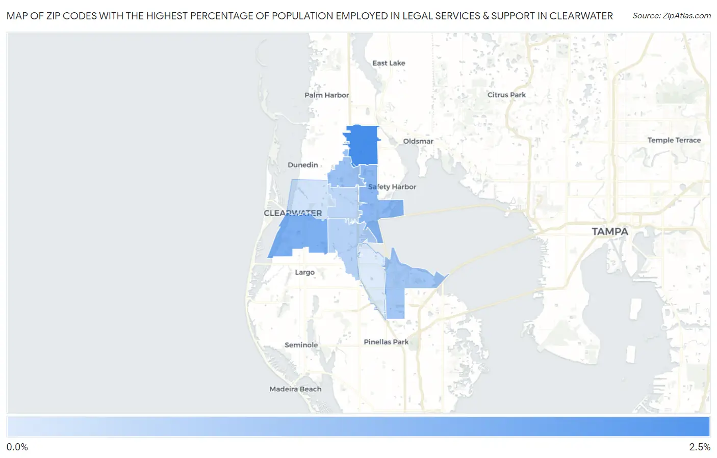 Zip Codes with the Highest Percentage of Population Employed in Legal Services & Support in Clearwater Map