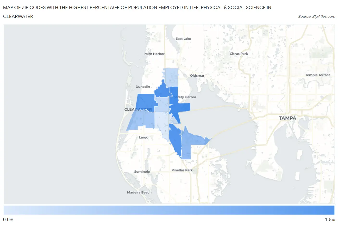 Zip Codes with the Highest Percentage of Population Employed in Life, Physical & Social Science in Clearwater Map