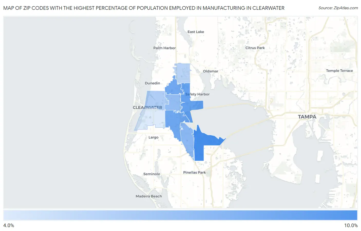Zip Codes with the Highest Percentage of Population Employed in Manufacturing in Clearwater Map