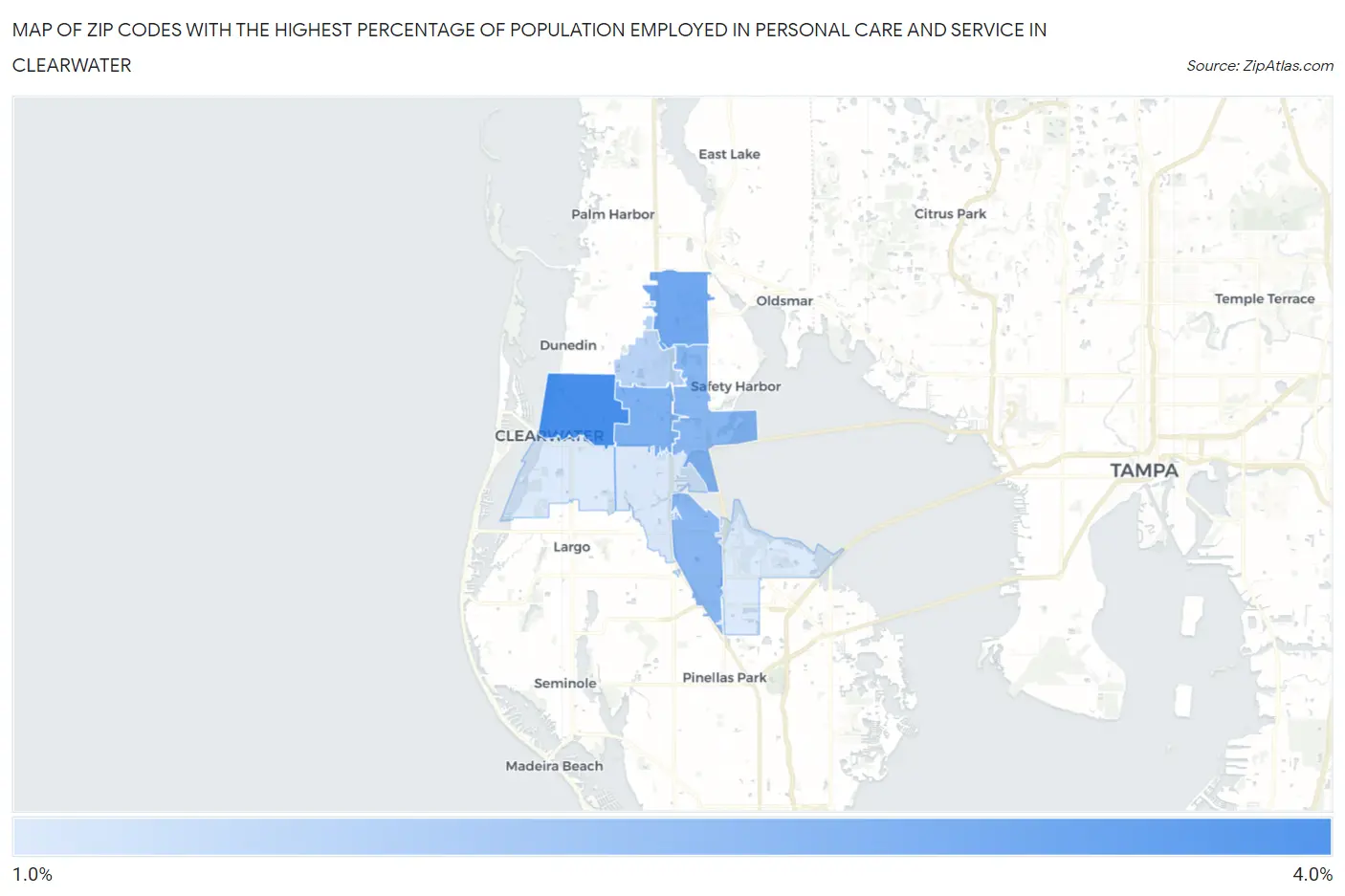 Zip Codes with the Highest Percentage of Population Employed in Personal Care and Service in Clearwater Map