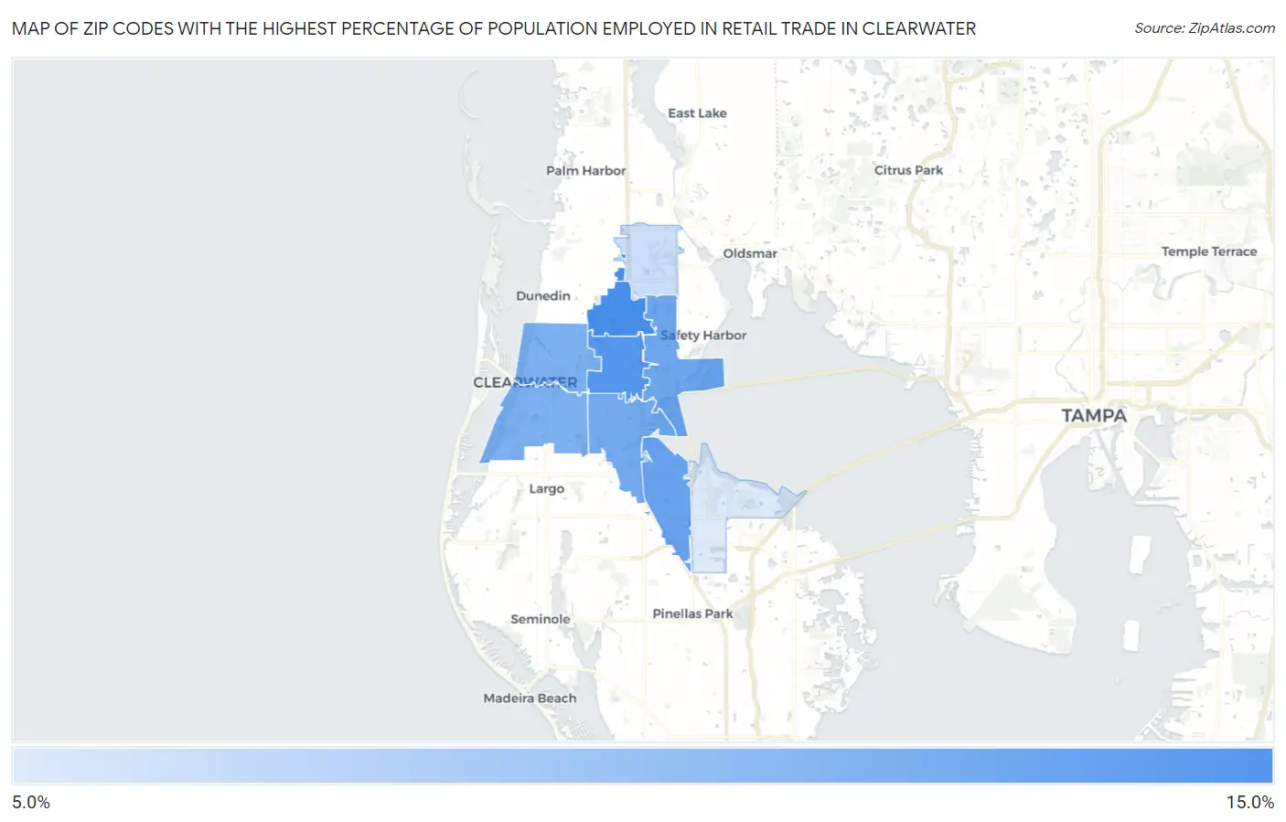 Zip Codes with the Highest Percentage of Population Employed in Retail Trade in Clearwater Map
