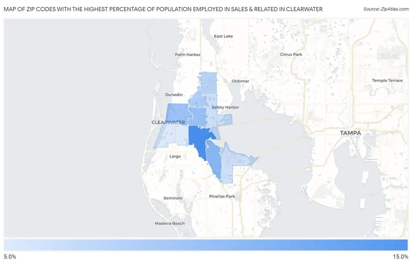 Zip Codes with the Highest Percentage of Population Employed in Sales & Related in Clearwater Map