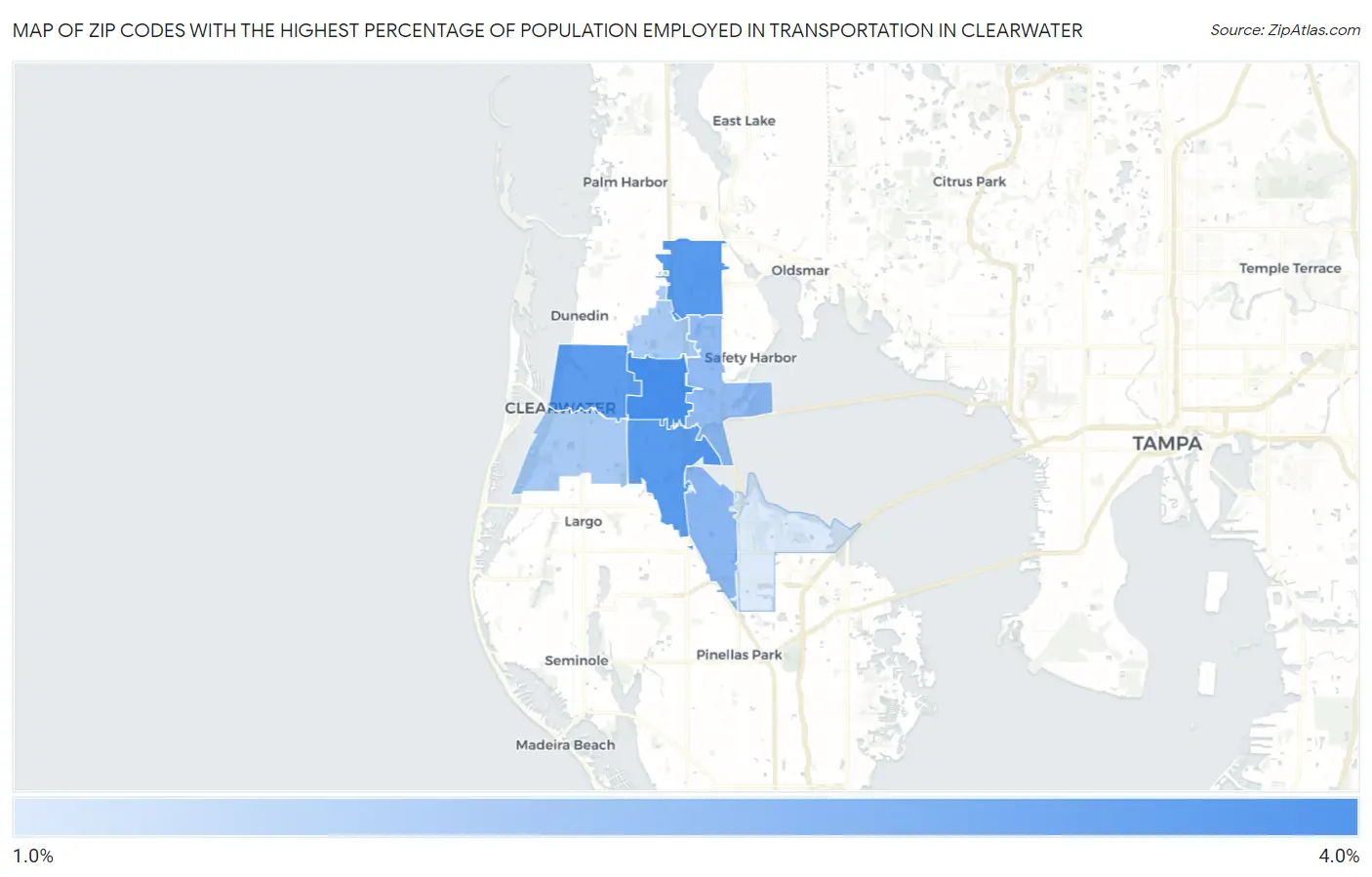 Zip Codes with the Highest Percentage of Population Employed in Transportation in Clearwater Map