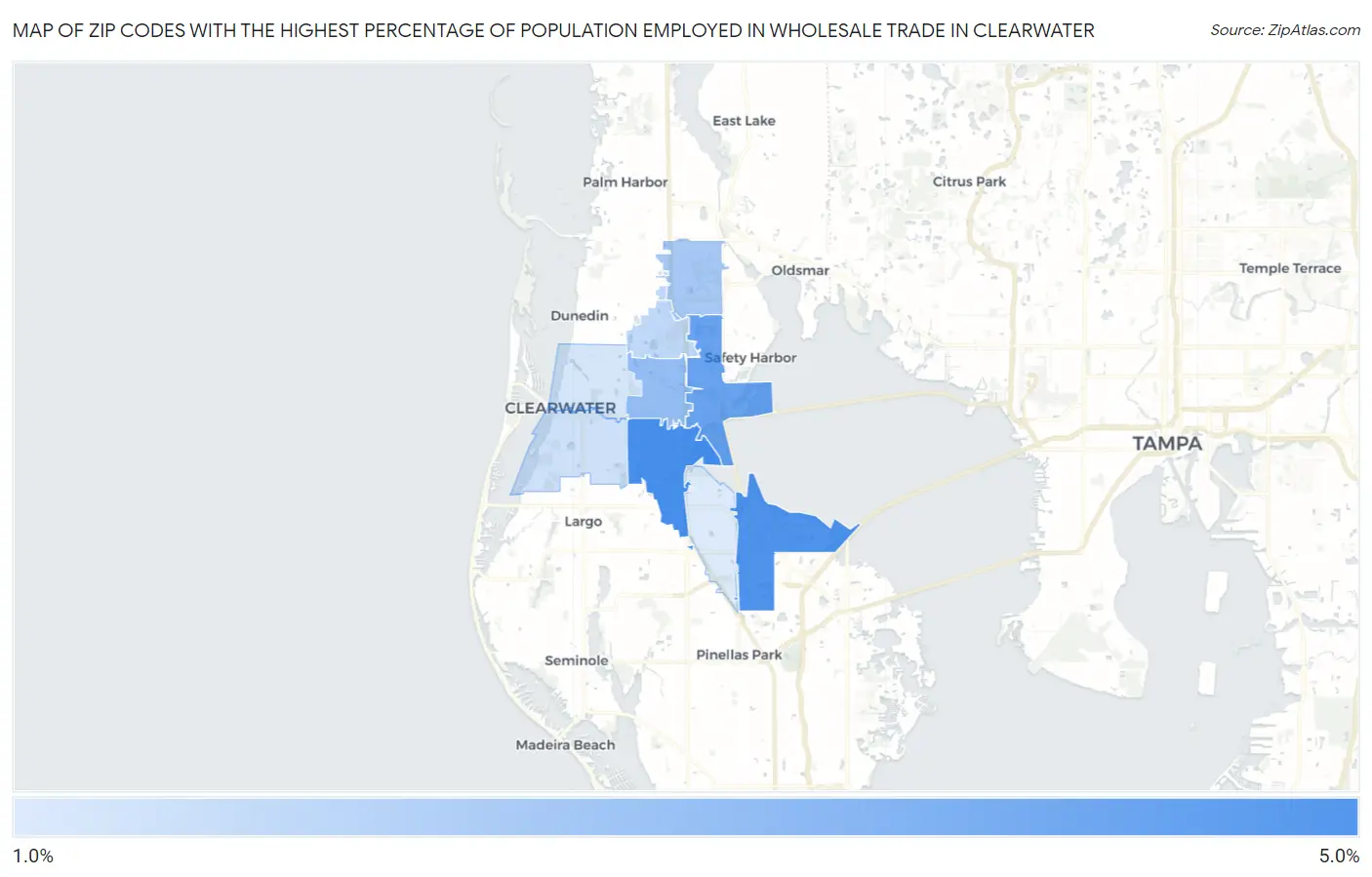 Zip Codes with the Highest Percentage of Population Employed in Wholesale Trade in Clearwater Map