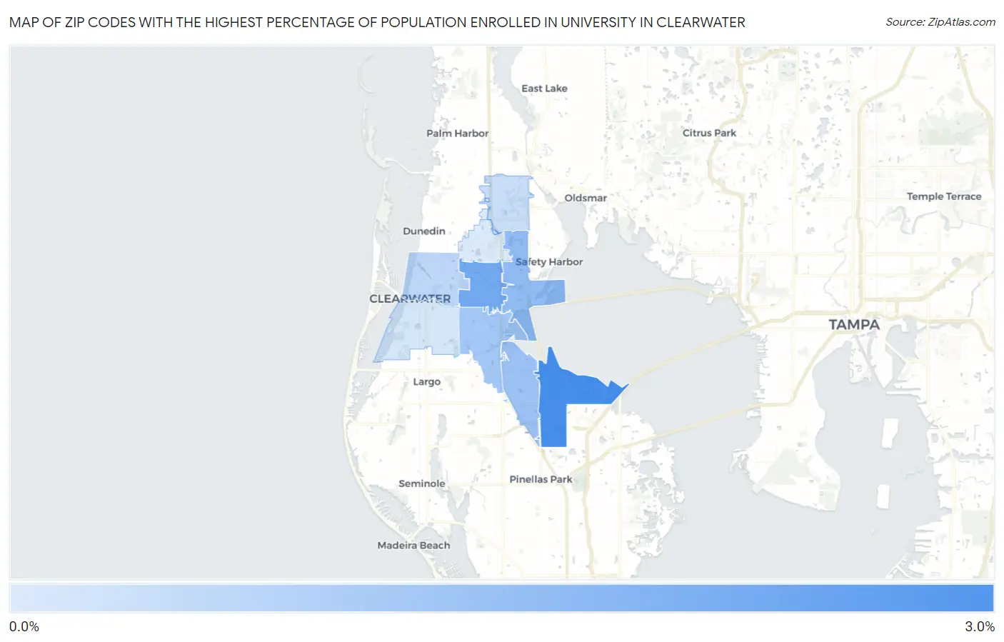 Zip Codes with the Highest Percentage of Population Enrolled in University in Clearwater Map