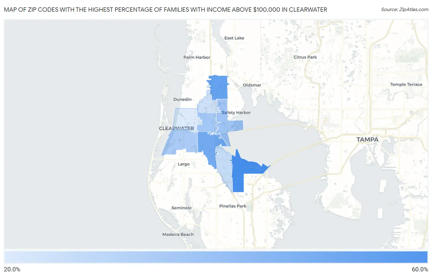 Zip Codes with the Highest Percentage of Families with Income Above $100,000 in Clearwater Map