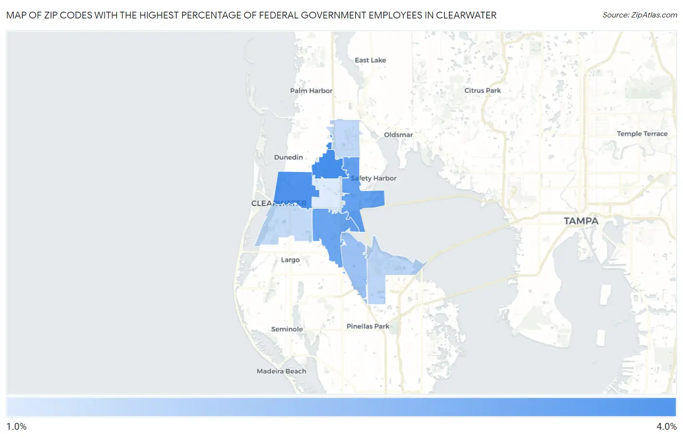 Zip Codes with the Highest Percentage of Federal Government Employees in Clearwater Map