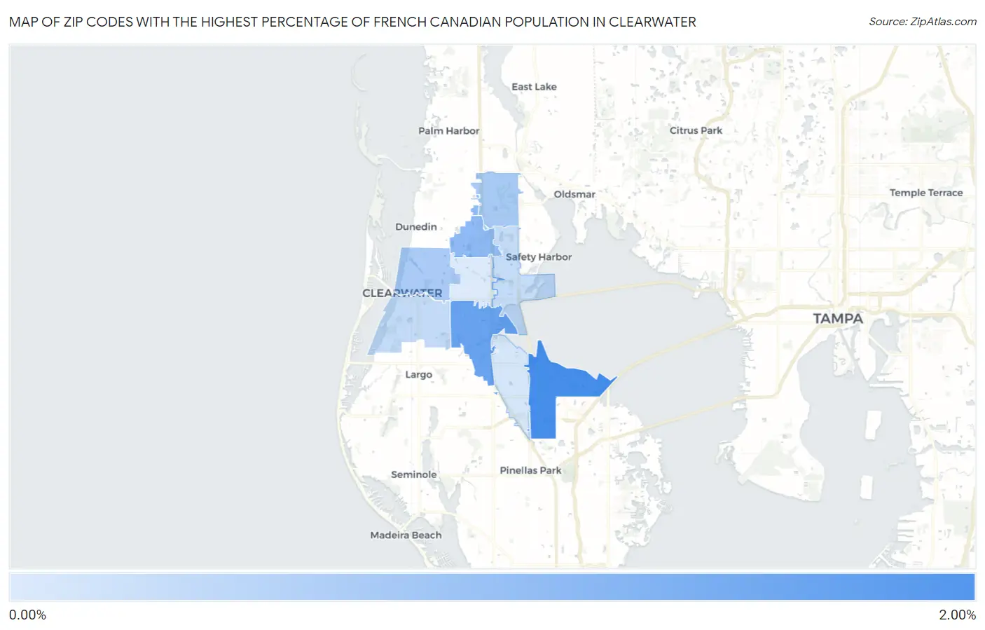 Zip Codes with the Highest Percentage of French Canadian Population in Clearwater Map