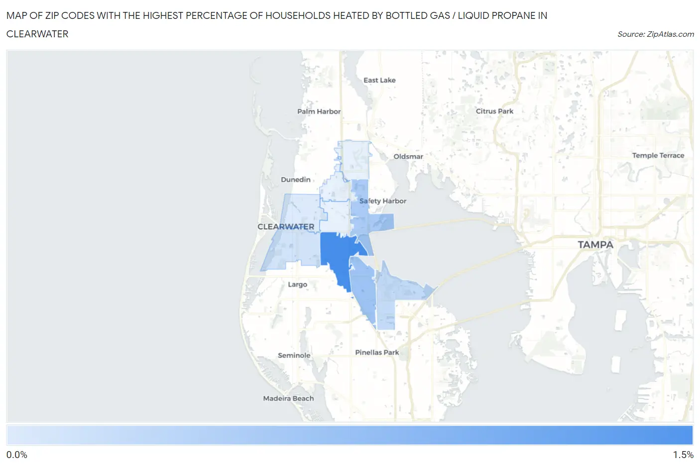 Zip Codes with the Highest Percentage of Households Heated by Bottled Gas / Liquid Propane in Clearwater Map