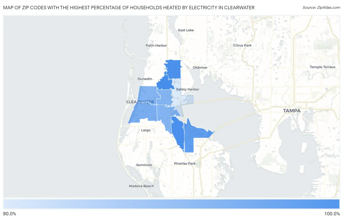 Zip Codes with the Highest Percentage of Households Heated by Electricity in Clearwater Map