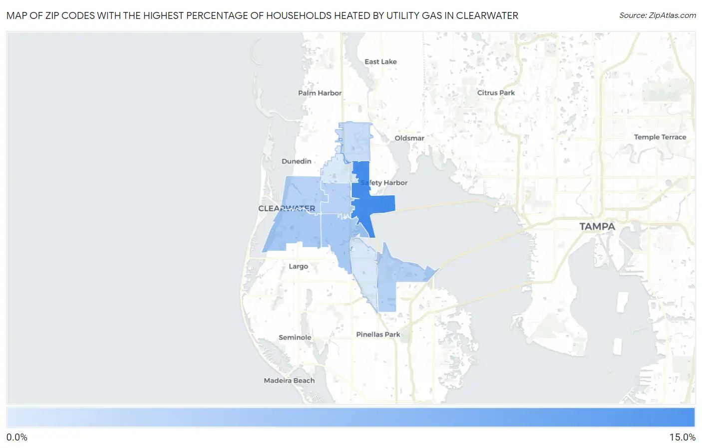 Zip Codes with the Highest Percentage of Households Heated by Utility Gas in Clearwater Map