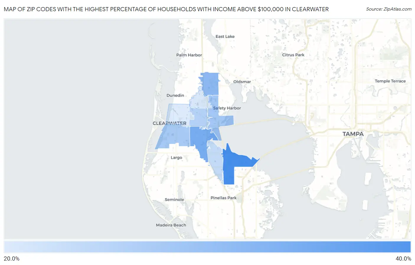 Zip Codes with the Highest Percentage of Households with Income Above $100,000 in Clearwater Map