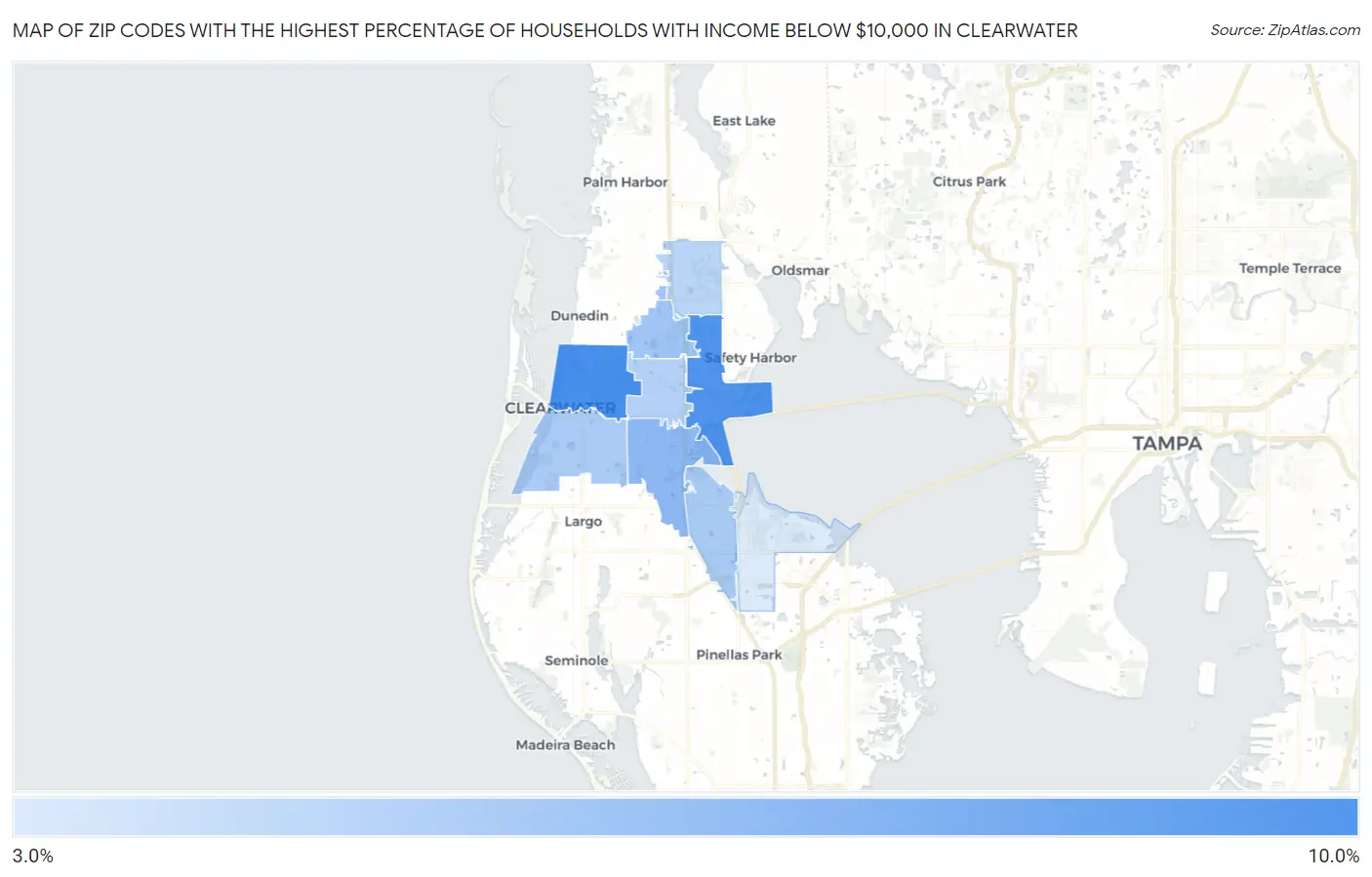 Zip Codes with the Highest Percentage of Households with Income Below $10,000 in Clearwater Map