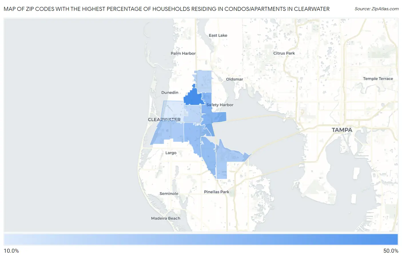 Zip Codes with the Highest Percentage of Households Residing in Condos/Apartments in Clearwater Map