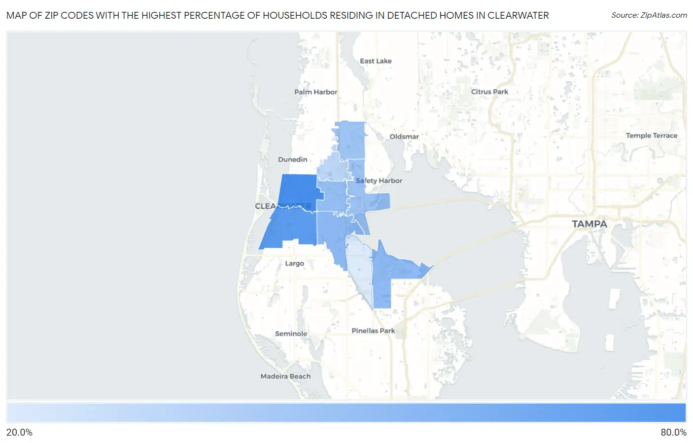 Zip Codes with the Highest Percentage of Households Residing in Detached Homes in Clearwater Map