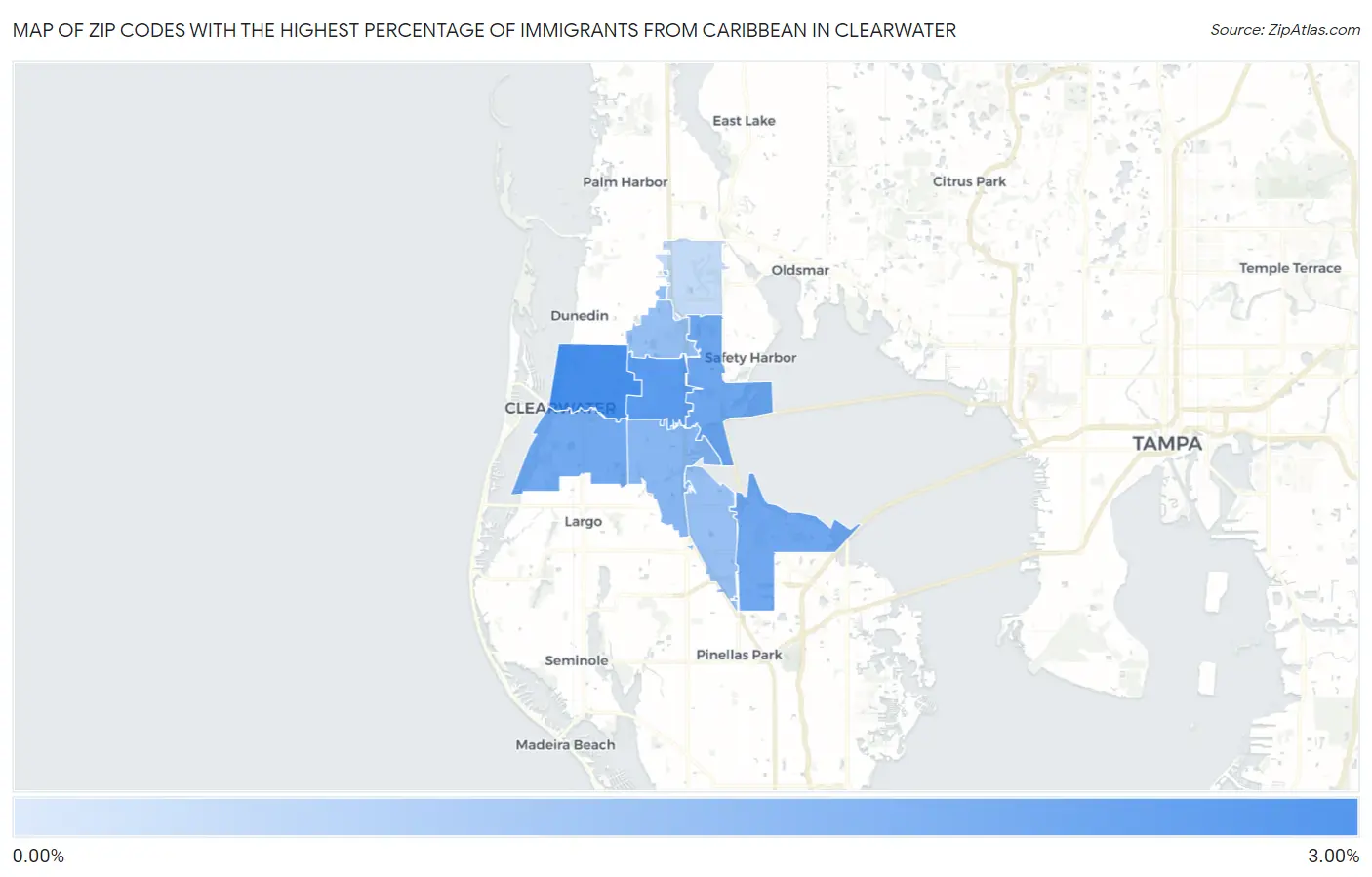 Zip Codes with the Highest Percentage of Immigrants from Caribbean in Clearwater Map
