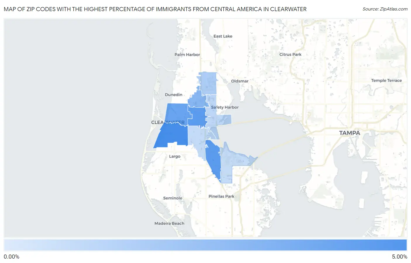 Zip Codes with the Highest Percentage of Immigrants from Central America in Clearwater Map
