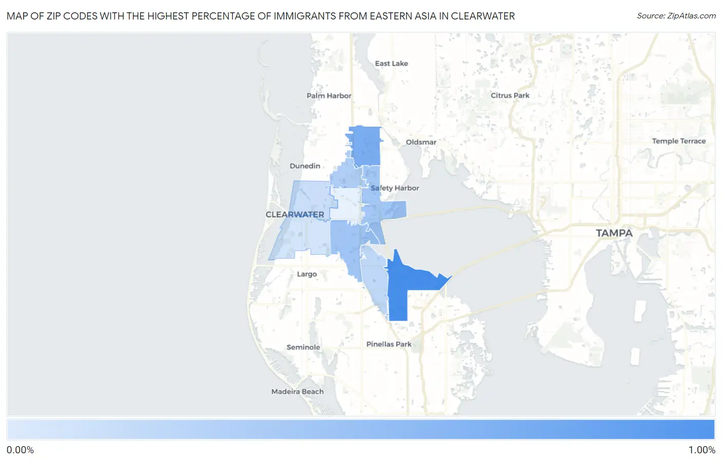 Zip Codes with the Highest Percentage of Immigrants from Eastern Asia in Clearwater Map